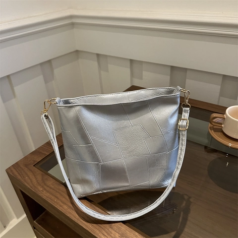 Borsa Tote Patchwork Geometrico di Grande Capacità per Donna Borsa a Tracolla in Pelle PU Con Tracolla Regolabile Oro