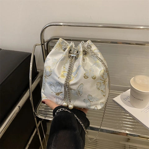 Women Elegant Butterfly Bamboo Leaf Print Drawstring Bucket Bag Metal Chain Shoulder Crossbody Bag Satin Texture Artificial Pearl Handbag