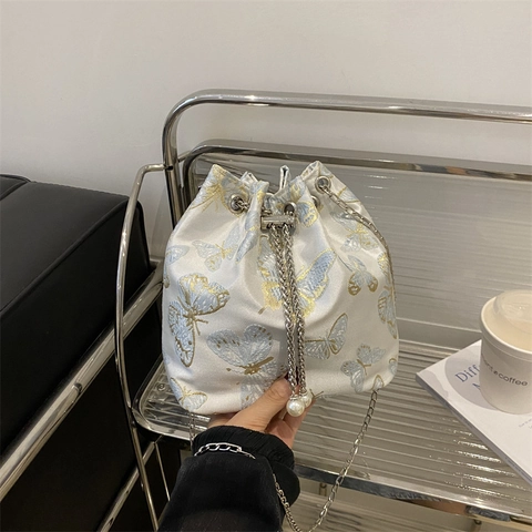 Women Elegant Butterfly Bamboo Leaf Print Drawstring Bucket Bag Metal Chain Shoulder Crossbody Bag Satin Texture Artificial Pearl Handbag