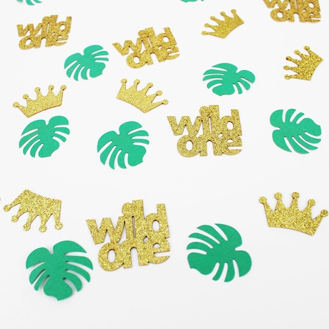 Tropical Jungle Theme Wild One Monstera Leaf Confetti Set For Baby Birthday Party Table Decoration Glitter Gold Green Scraps
