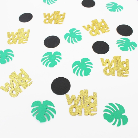 Tropical Jungle Theme Wild One Monstera Leaf Confetti Set For Baby Birthday Party Table Decoration Glitter Gold Green Scraps