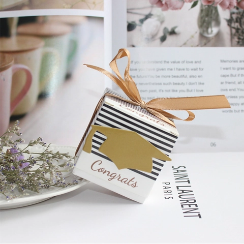 Graduation Favor Box Square Paper Candy Gift Box With Gold Mortarboard Ribbon Congrats Black White Stripes Party Decor