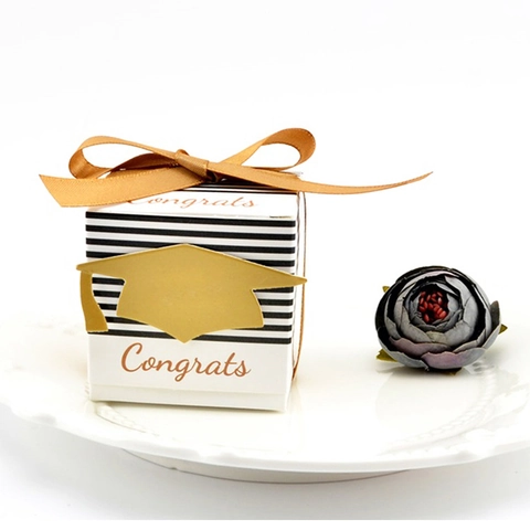 Graduation Favor Box Square Paper Candy Gift Box With Gold Mortarboard Ribbon Congrats Black White Stripes Party Decor