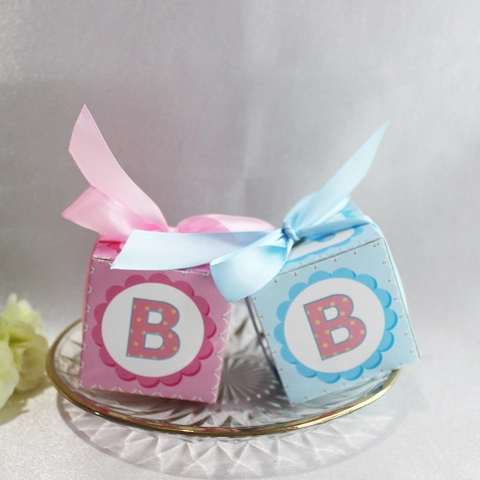 Baby Shower Candy Box Square Paper Gift Packaging With Satin Ribbon Bow Polka Dot Letter B Gender Reveal Party Favor Case