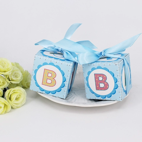 Baby Shower Candy Box Square Paper Gift Packaging With Satin Ribbon Bow Polka Dot Letter B Gender Reveal Party Favor Case