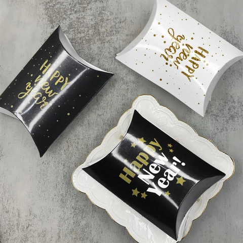 Gelukkig Nieuwjaar Kussen Cadeaudoos Papier Snoep Gunst Doos Goud Ster Decoratie Voor Oud en Nieuw Feestartikelen Zwart Wit