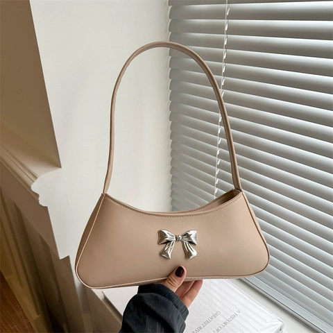 Bolso Baguette con Lazo para Mujer Cuero PU Bolso de Hombro de Axila Estilo Coreano Elegante Color Sólido para Diario Fiesta
