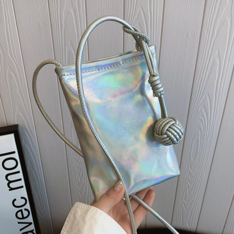Borsa Tracolla Cellulare Pelle PU Metallizzata Pieghe Nodo Verticale Quadrata Mini Borsa Spalla Fibbia Magnetica Moda Donna