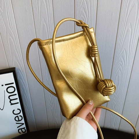 Borsa Tracolla Cellulare Pelle PU Metallizzata Pieghe Nodo Verticale Quadrata Mini Borsa Spalla Fibbia Magnetica Moda Donna