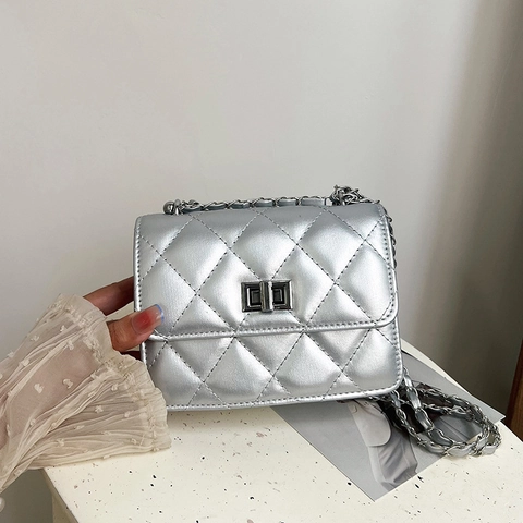 Mini Borsa a Tracolla Trapuntata da Donna in Pelle PU Metallica Borsa a Spalla Quadrata Con Chiusura a Girello Classica Borsa alla Moda