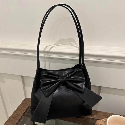 Bolso de Hombro de Moda para Mujer de Cuero PU con Lazo Grande Decorativo Bolso de Mano Elegante de Color Sólido Dulce Bombonera