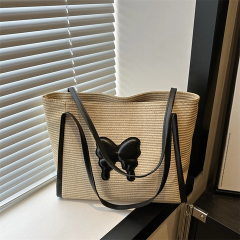 Summer Straw Woven Tote Bag With Butterfly Decor Large Capacity PU Leather Strap Casual Beach Shoulder Bag For Women