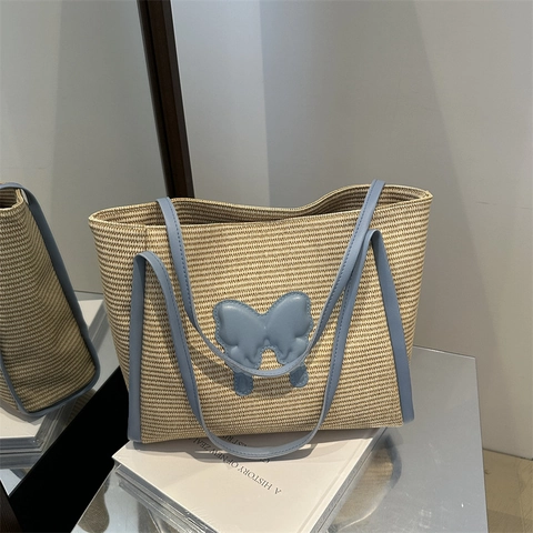 Summer Straw Woven Tote Bag With Butterfly Decor Large Capacity PU Leather Strap Casual Beach Shoulder Bag For Women