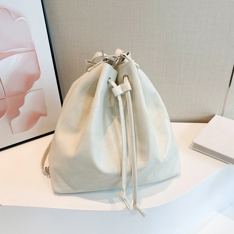 Damen PU Leder Patchwork Eimer Rucksack Kordelzug Große Kapazität Multifunktionale Umhängetasche Urban Minimalistisch Lässig Stil