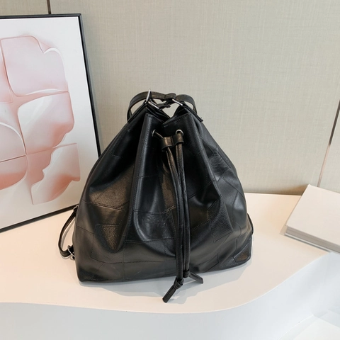 Damen PU Leder Patchwork Eimer Rucksack Kordelzug Große Kapazität Multifunktionale Umhängetasche Urban Minimalistisch Lässig Stil