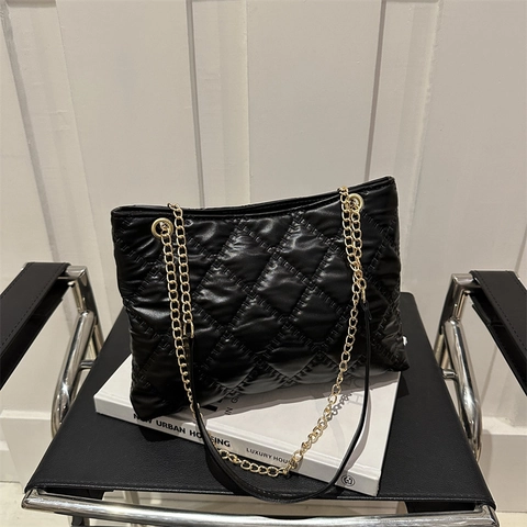 Borsa Tote da Donna in Pelle PU Trapuntata a Grande Capacità Con Tracolla a Catena Dorata Borsa a Spalla Quotidiana