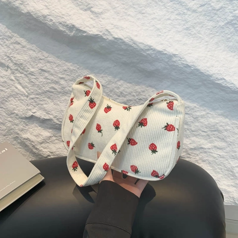 Damen Cord Erdbeerdruck Achseltasche Lässig Niedlich Student Kleine Schultertasche Reißverschluss Mode Handtasche