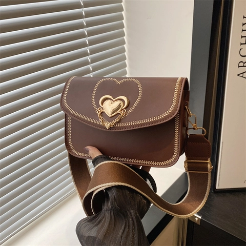 Women Heart Lock PU Leather Small Square Bag Wide Fabric Strap Stitched Detail Casual Fashion Crossbody Shoulder Bag