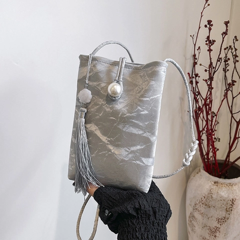 Dames Mini Mobiele Telefoon Crossbody Tas Parel Kwastje Decoratieve Geplooide PU Leer Kleine Schoudertas Elegante Mode Tas