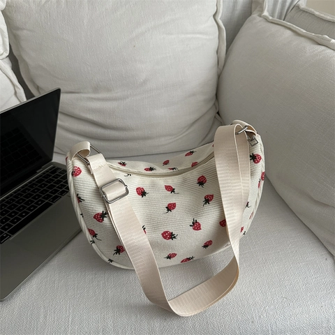Borsa a Tracolla Hobo da Donna in Velluto a Coste con Stampa di Fragole Mezzaluna Casual Dumpling Borsa Sottobraccio