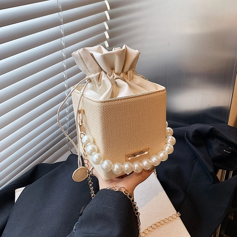 Women Woven Artificial Pearl Bucket Bag Square Box Handbag With Drawstring Metal Chain Strap Sweet Elegant Daily Vacation Shoulder Bag