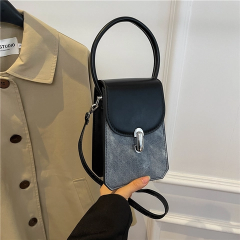 Fashion Women Mini Color-Blocking Crossbody Bag With Circular Handle Retro PU Leather Phone Bag Small Square Handbag