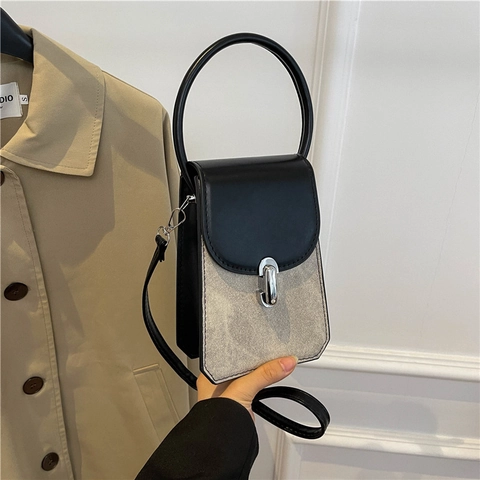 Fashion Women Mini Color-Blocking Crossbody Bag With Circular Handle Retro PU Leather Phone Bag Small Square Handbag