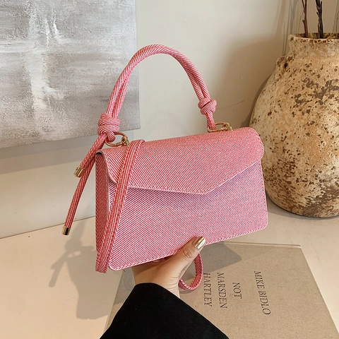 Women Woven Texture Crossbody Bag With Twisted Knot Handle Fashion PU Leather Small Square Shoulder Bag For Daily Use