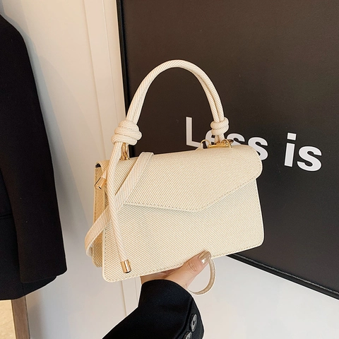 Women Woven Texture Crossbody Bag With Twisted Knot Handle Fashion PU Leather Small Square Shoulder Bag For Daily Use