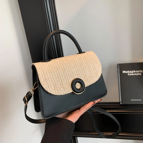 Mode Geweven PU-Leren Crossbody Tas Voor Vrouwen Contrastkleur Ronde Gesp Schoudertas Zomer Strand Reizen Handtas Okseltas
