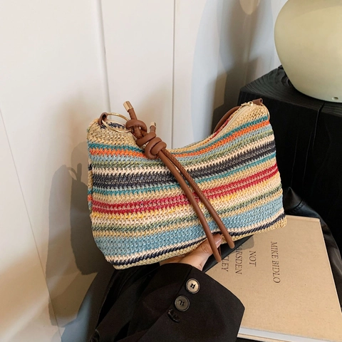 Borsa Sottoascellare in Paglia Intrecciata a Strisce Arcobaleno da Donna Grande Capacità Estate Spiaggia Borsa a Spalla Tote Con Tracolla in Pelle Sintetica a Nodo