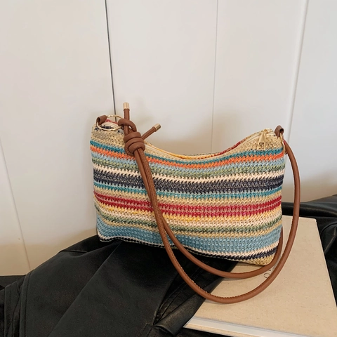Borsa Sottoascellare in Paglia Intrecciata a Strisce Arcobaleno da Donna Grande Capacità Estate Spiaggia Borsa a Spalla Tote Con Tracolla in Pelle Sintetica a Nodo