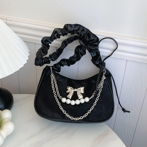 Damen Chic Achseltasche PU Leder Künstliche Perlenkette Schleife Dekoration Plissierter Gurt Täglich Lässig Trendy Hobo Schultertasche