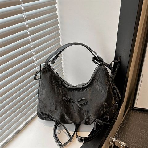 Borsa da Sottobraccio con Fiocco da Donna Borsa a Tracolla Hobo in Pelle PU Plissettata Grande Capacità Borsa Tote per Pendolarismo Studenti