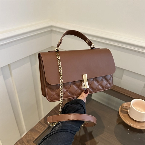 Women Fashion Quilted Rhomboid Small Square Bag PU Leather Shoulder Crossbody Bag With Metallic Chain Lock Handle