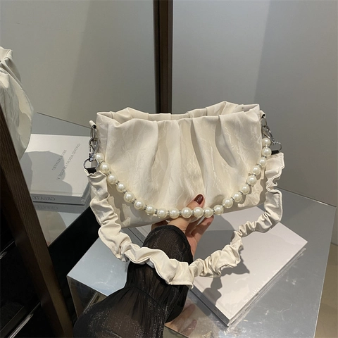 French Style Ruched Underarm Bag With Artificial Pearl Chain Ruffle Strap Fashion Solid Color Cloud Shoulder Bag For Women Daily Use
