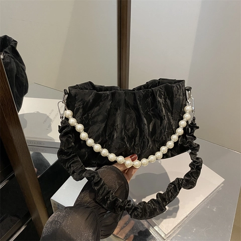 French Style Ruched Underarm Bag With Artificial Pearl Chain Ruffle Strap Fashion Solid Color Cloud Shoulder Bag For Women Daily Use