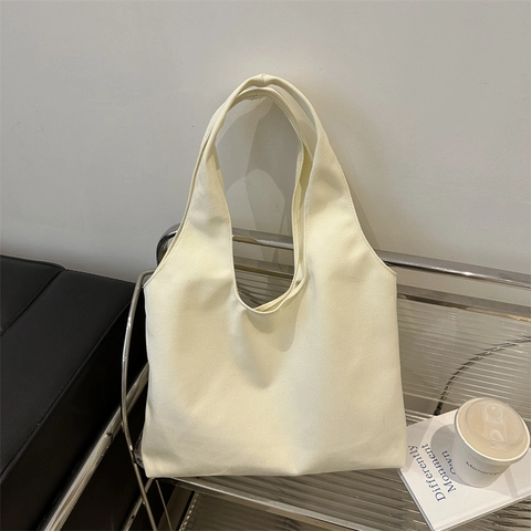 Minimalist Canvas Tote Bag Large Capacity Solid Color Shoulder Bag For Women Daily Commute Shopping School Handbag