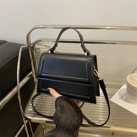Women Minimalist PU Leather Small Square Crossbody Bag Solid Color Stitching Design Handbag With Handle And Adjustable Strap