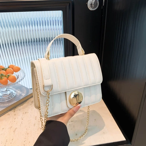 Women's Vertical Quilted Shoulder Bag PU Leather Small Crossbody Bag With Gold Chain Circular Lock Top Handle Square Bag
