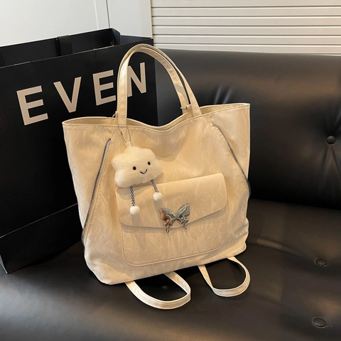 Women Crinkled PU Leather Tote Bag Large Capacity Multi Functional Shoulder Backpack Butterfly Buckle Cloud Charm