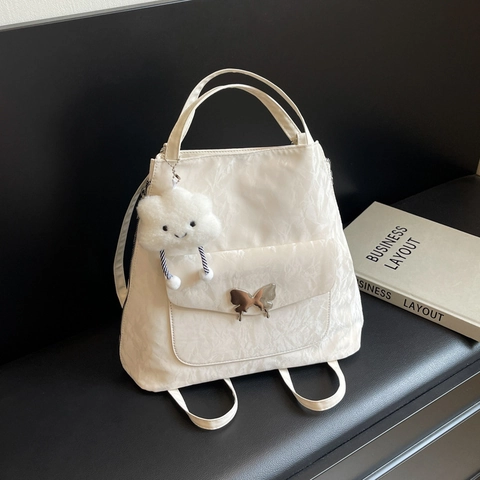 Women Crinkled PU Leather Tote Bag Large Capacity Multi Functional Shoulder Backpack Butterfly Buckle Cloud Charm