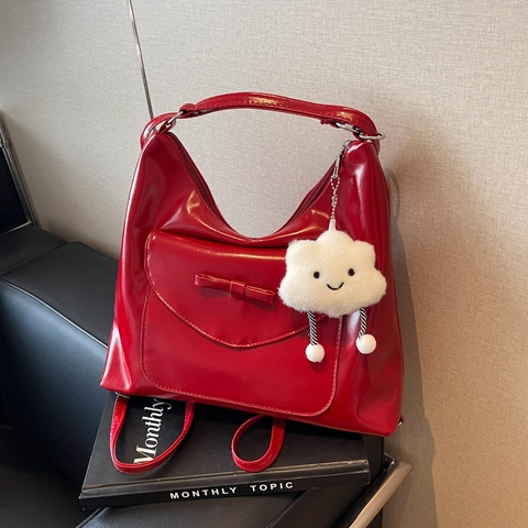 Borsa Tote da Donna a Grande Capacità in Pelle PU con Fiocco Decorativo Borsa a Spalla Multifunzionale Elegante con Pendente a Nuvola