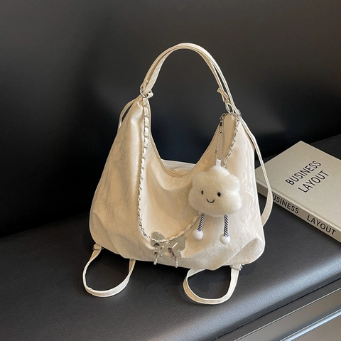 Borsa Tote da Donna Casual Grande Capacità in Pelle PU Morbida Pieghe Catena Metallo Ciondolo Farfalla Borsa a Spalla