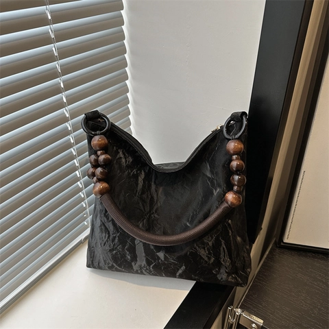 Neo-Chinese Style Beaded Tote Bag For Women PU Leather Crinkle Pleated Large Capacity Shoulder Bag With Wood Beads Handle