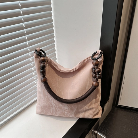 Sac Cabas Femme en Cuir PU Mode Grande Capacité Texture Plissée Sac à Bandoulière Avec Poignée en Perles de Bois Casual