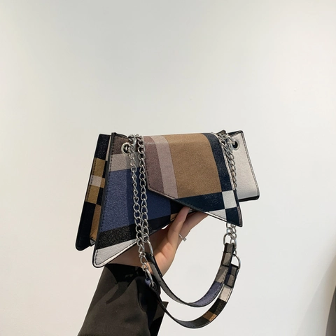 Bolso de Hombro Patchwork Geométrico para Mujer Moda Color de Contraste Bolso Bandolera de Cuero PU Cadena de Metal Bolso de Axila