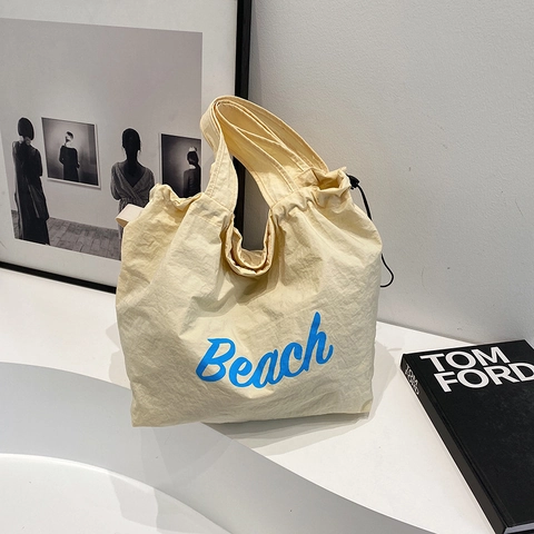 Damen Korean Style Große Kapazität Tragetasche Aus Waschstoff Mit Strand Buchstaben Print Minimalistische Shopper Tasche