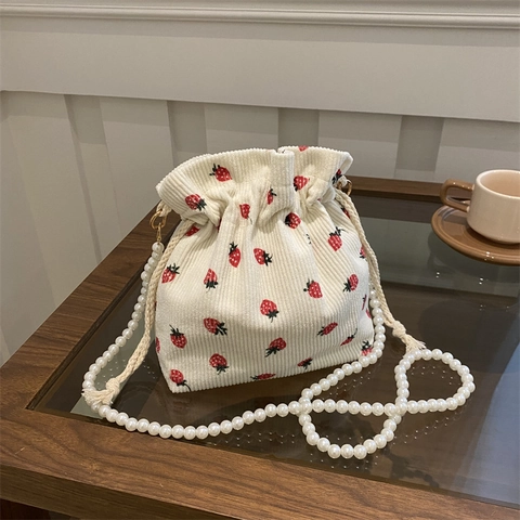 Bolso Bombonera de Pana Con Estampado de Fresa Lindo Con Correa de Perlas Artificiales Imitación Cordón Bolso de Hombro para Mujer