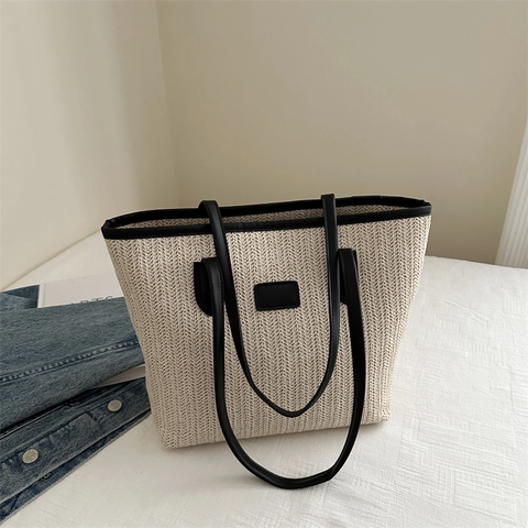 Grande Borsa Tote in Paglia Intrecciata da Donna Borsa a Tracolla per Vacanze al Mare Estive Semplice Borsa Intrecciata Casual Con Cerniera